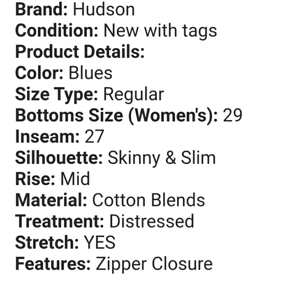 NWT HUDSON DISTRESSED 👖 JEANS STRETCH SKINNY CROPPED. 29 $215 - Picture 7 of 8